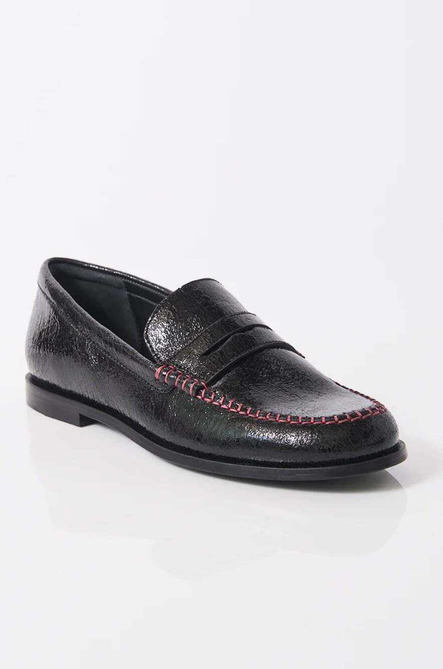 Free People Black Crackled Pebbled Leather Pink Blanket Stitch Penny Loafer 11